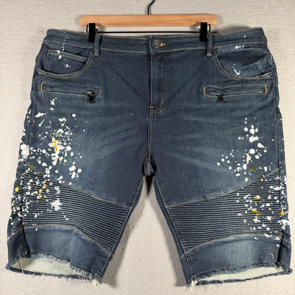 Embellish Mens Blue Moto Biker Denim Shorts Paint Splatter Raw Hem Size 44